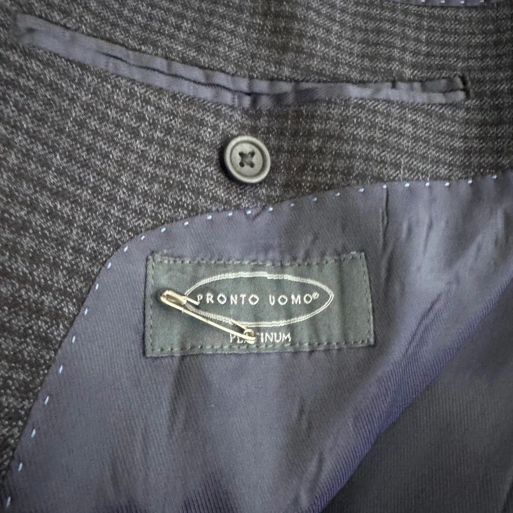 Pronto‎ Uomo Platinum Blazer Mens 56R Navy Blue Micro-Check 100% Wool Two-Button
